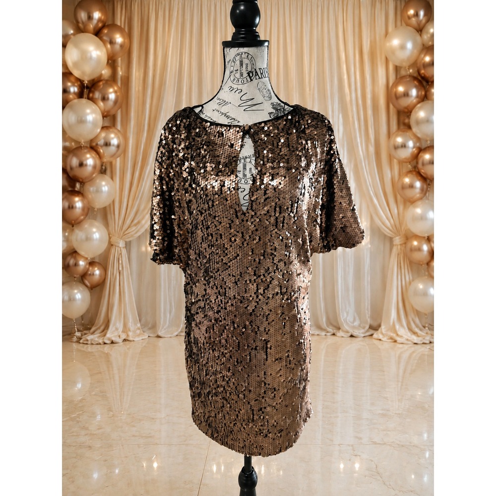 Aidan Mattox Bronze Sequin Dress Size 2 Keyhole Front Short Sleeve Y2K Glam Mini